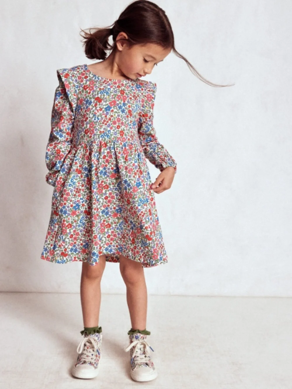 Mini Boden - Red & Blue Flowerbed Posie Long Sleeve Jersey Dress, Size 8-9y